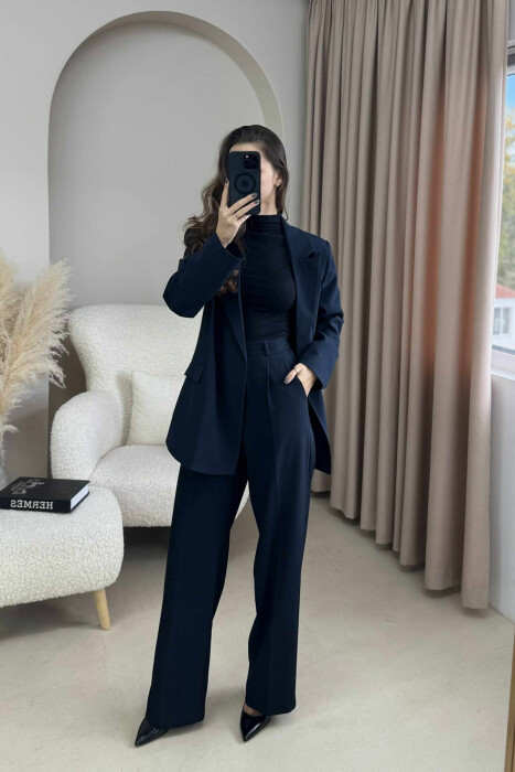 TWO BUTTONS JACKET+TROUSERS CLASSIC WOMEN SET DARK BLUE/BEE - 3