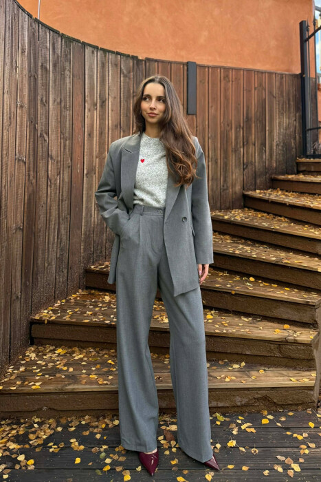 TWO BUTTONS JACKET+TROUSERS CLASSIC WOMEN SET GREY/GRI - KLAUDIO FASHION