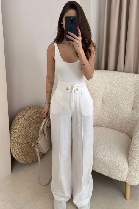 TWO BUTTONS ONE COLOR WOMEN TROUSERS WHITE-E BARDHE 