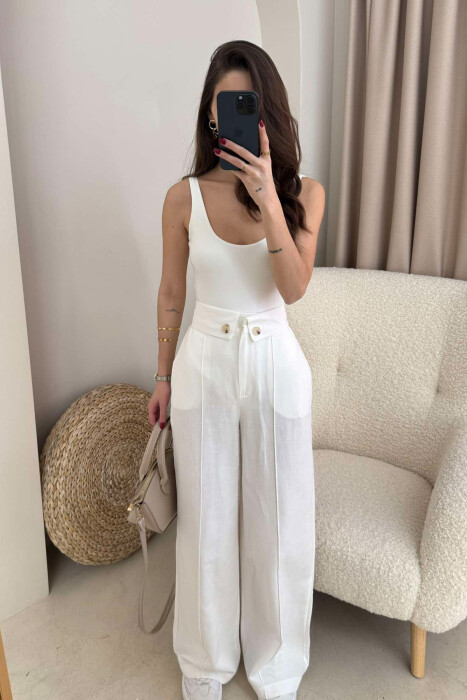 TWO BUTTONS ONE COLOR WOMEN TROUSERS WHITE-E BARDHE - 2