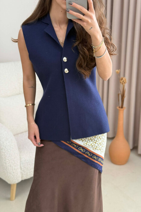 TWO BUTTONS ONE COLOR WOMEN VEST DARK BLUE/BEE - 4
