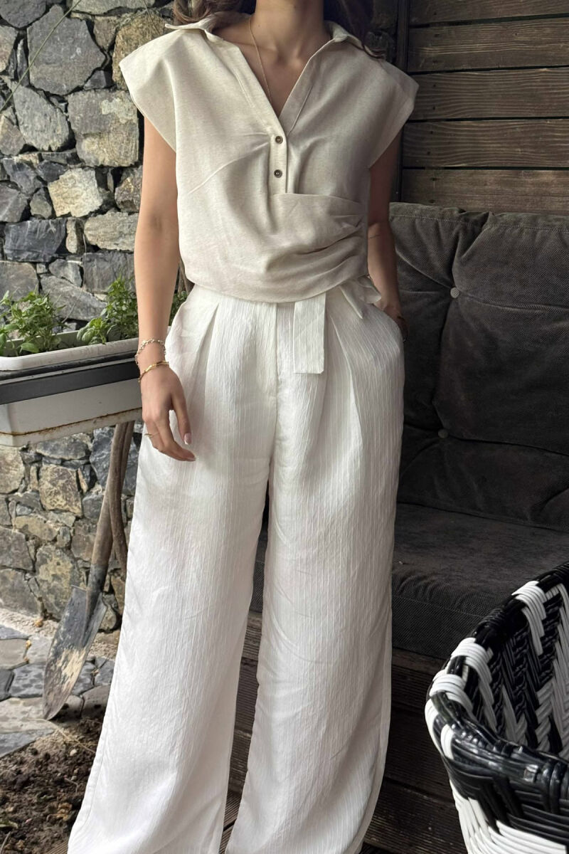 TWO BUTTONS POLO NECK WOMEN TANK TOP CREAM/KREM - 1