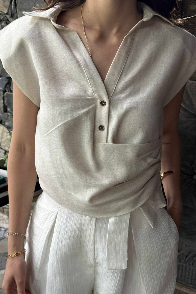 TWO BUTTONS POLO NECK WOMEN TANK TOP CREAM/KREM - 3