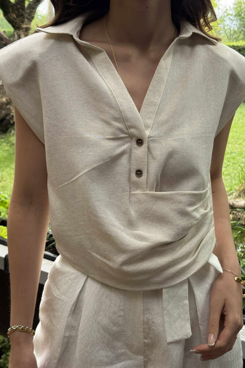 TWO BUTTONS POLO NECK WOMEN TANK TOP CREAM/KREM - 4