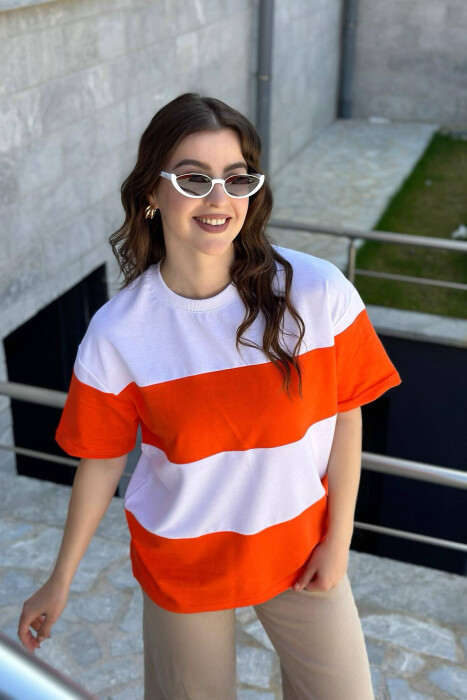 TWO COLOR COTTON WOMAN T-SHIRT ORANGE/PORTOKALLI 