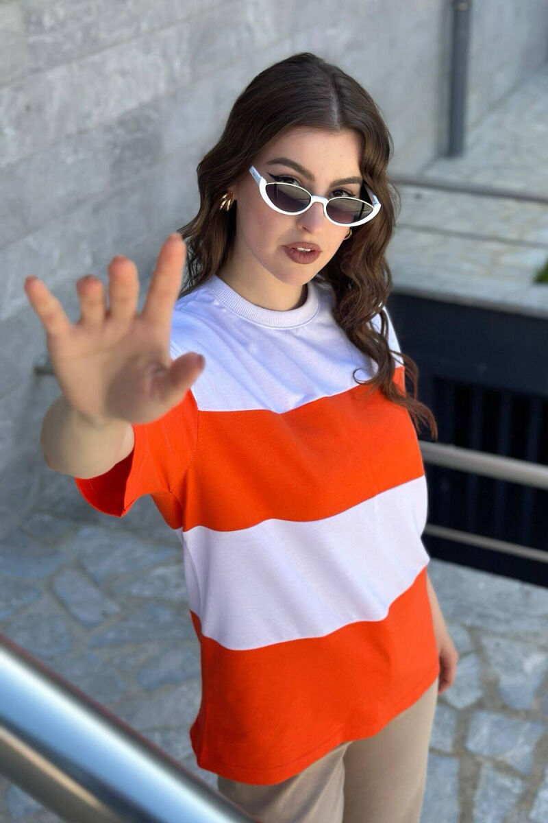 TWO COLOR COTTON WOMAN T-SHIRT ORANGE/PORTOKALLI - 2