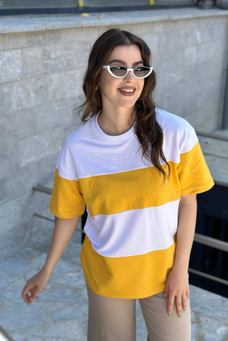 TWO COLOR COTTON WOMAN T-SHIRT YELLOW/E VERDHE 