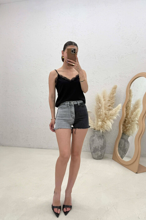 TWO COLOR DENIM CUTTING EDGES WOMAN SHORTS BLACK-GREY/ZEGR - KLAUDIO FASHION