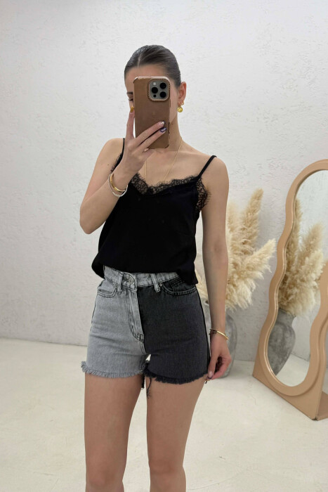 TWO COLOR DENIM CUTTING EDGES WOMAN SHORTS BLACK-GREY/ZEGR - 2