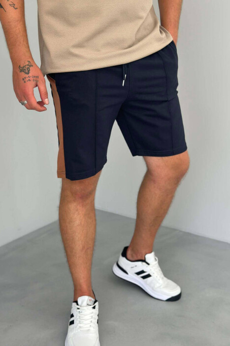 TWO COLOR ELASTIC WAIST MEN SHORTS DARK BLUE/BEE 