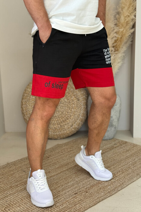 TWO COLOR FRONT WRITTING MEN SHORTS BLACK-RED/ZEKU 