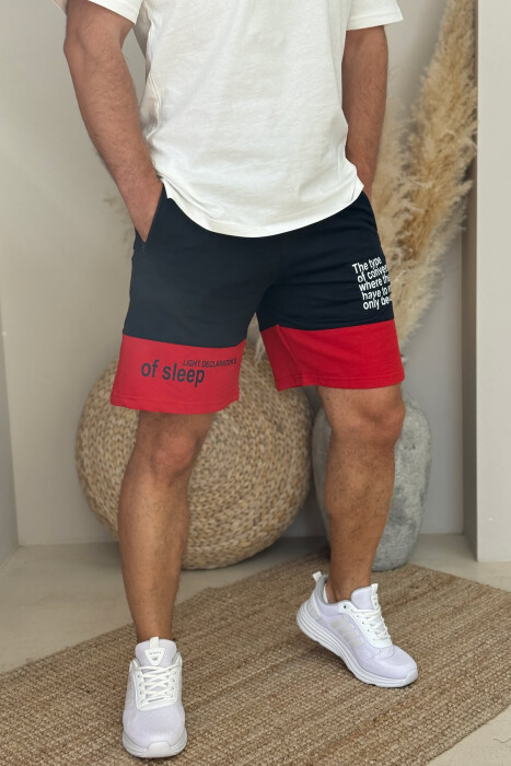 TWO COLOR FRONT WRITTING MEN SHORTS DARK BLUE+RED/BEE+KU 