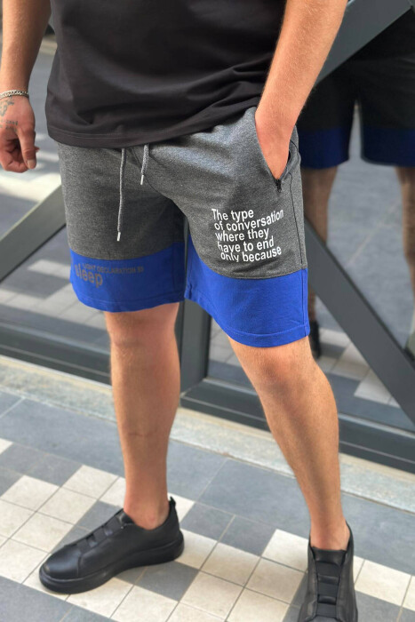 TWO COLOR FRONT WRITTING MEN SHORTS DARK GREY+BLUE/GEEBL 