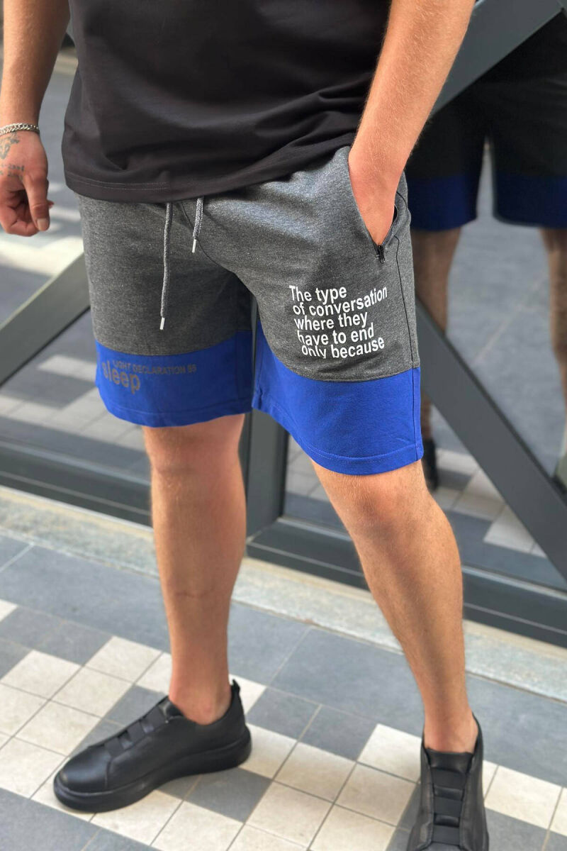 TWO COLOR FRONT WRITTING MEN SHORTS DARK GREY+BLUE/GEEBL - 1