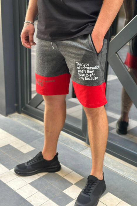 TWO COLOR FRONT WRITTING MEN SHORTS DARK GREY+RED/GEEKU 