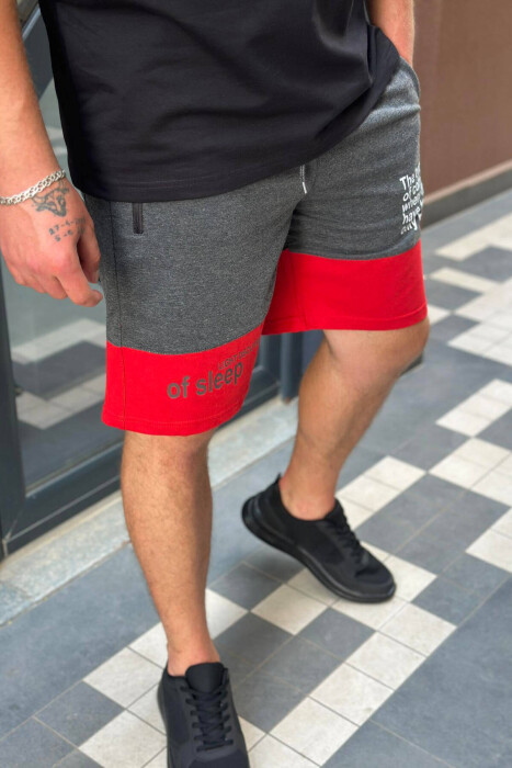 TWO COLOR FRONT WRITTING MEN SHORTS DARK GREY+RED/GEEKU - 2
