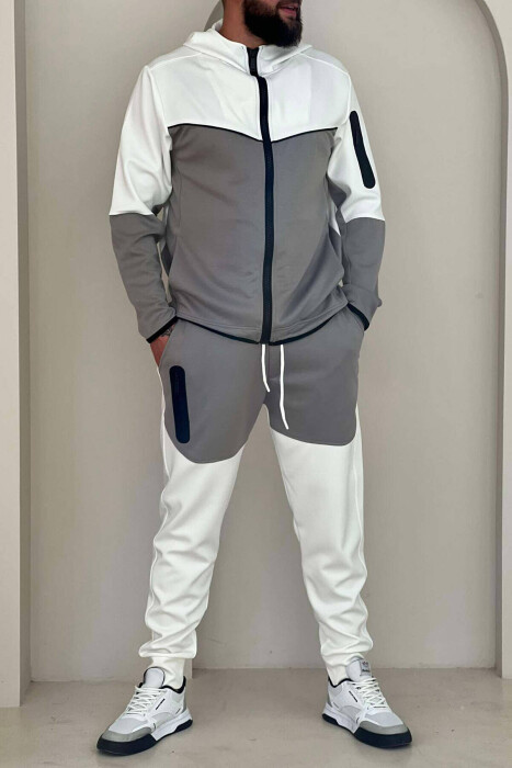 KOSTUM DY NGJYRËSH PËR MESHKUJ XHAKETË DHE TUTA NË NGJYRËN GRI DHE TË BARDHË - KLAUDIO FASHION