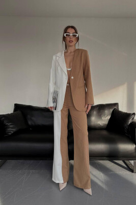 TWO COLOR JACKET+TROUSERS WOMEN SET WHITE-BROWN/BAKA 