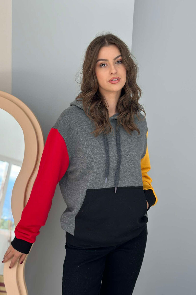 TWO COLOR SLEEVE WOMEN HOODIE DARK GREY/GEE - 5