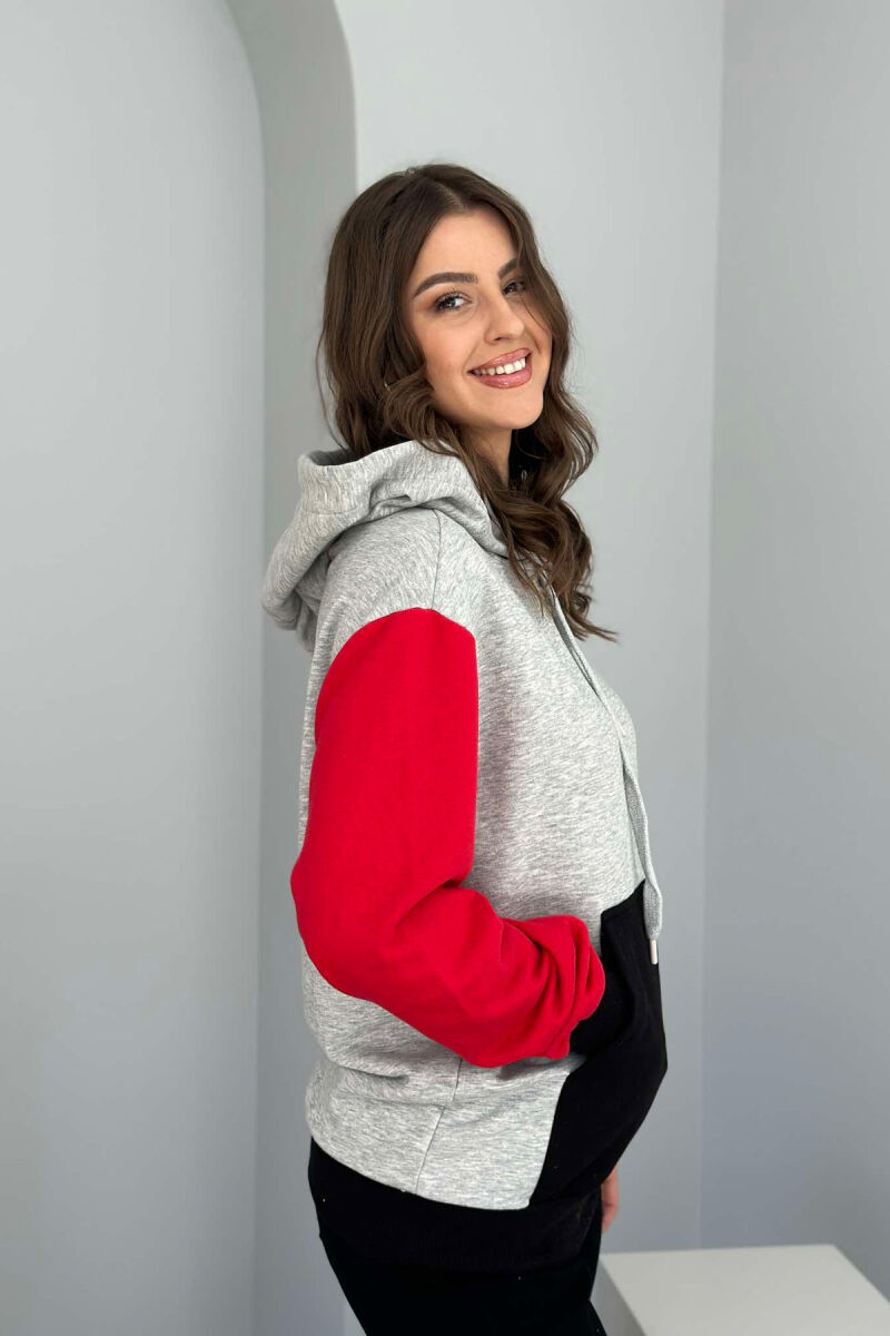 TWO COLOR SLEEVE WOMEN HOODIE LIGHT GREY/GZ - 3