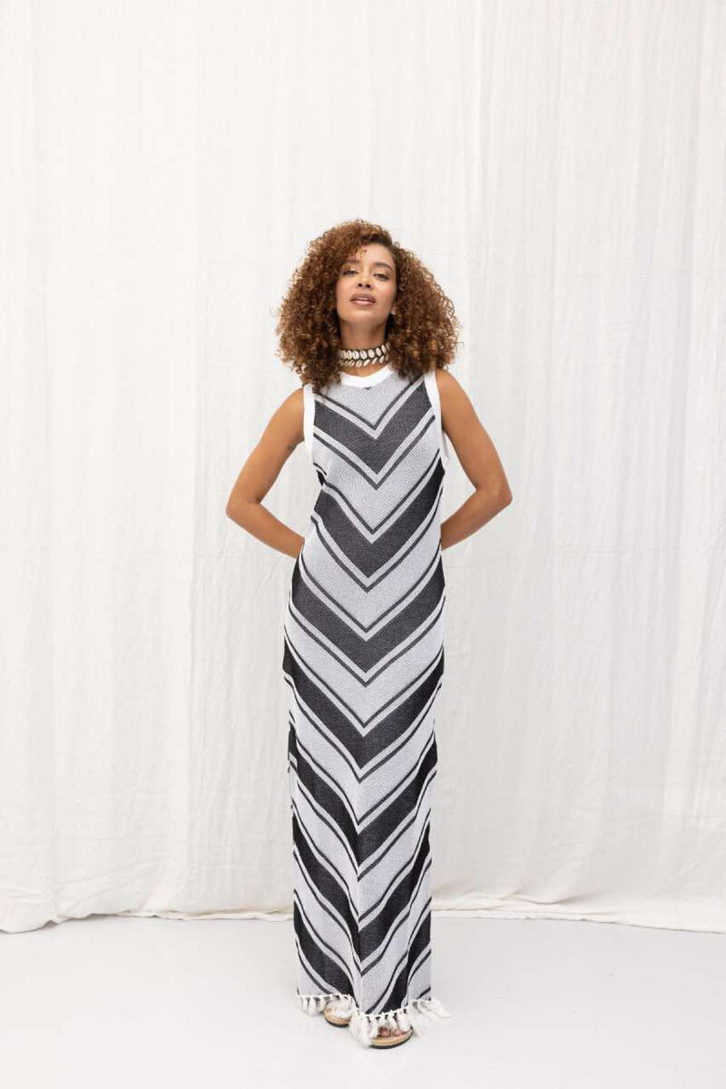 TWO COLORS DESIGN KNITTED WOMEN DRESS BLACK-WHITE/ZB - 5