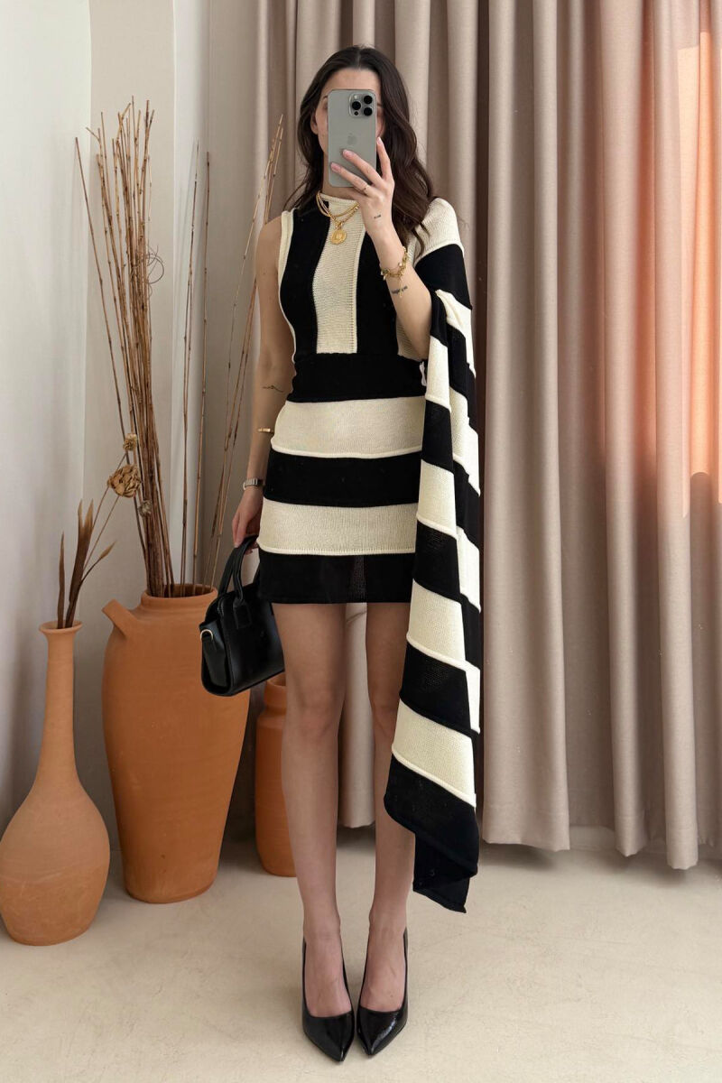 TWO COLORS KNITTED WOMEN DRESS CREAM+BLACK/KREM+ZEZE - 1