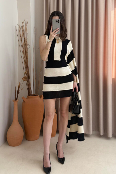 TWO COLORS KNITTED WOMEN DRESS CREAM+BLACK/KREM+ZEZE - 5