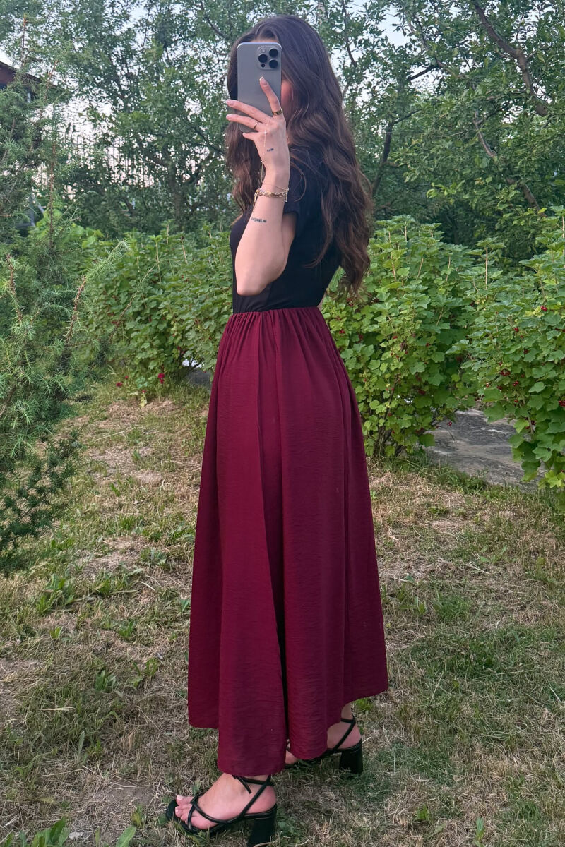 TWO COLORS SHORT SLEEVES LONG WOMEN DRESS BLACK-BURGUNDY/ZEVI - 4