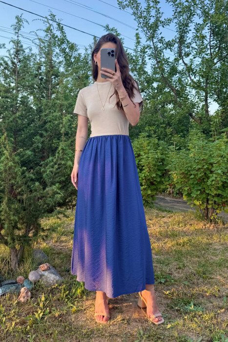TWO COLORS SHORT SLEEVES LONG WOMEN DRESS BLUE-BEIGE/BLBZH - 1