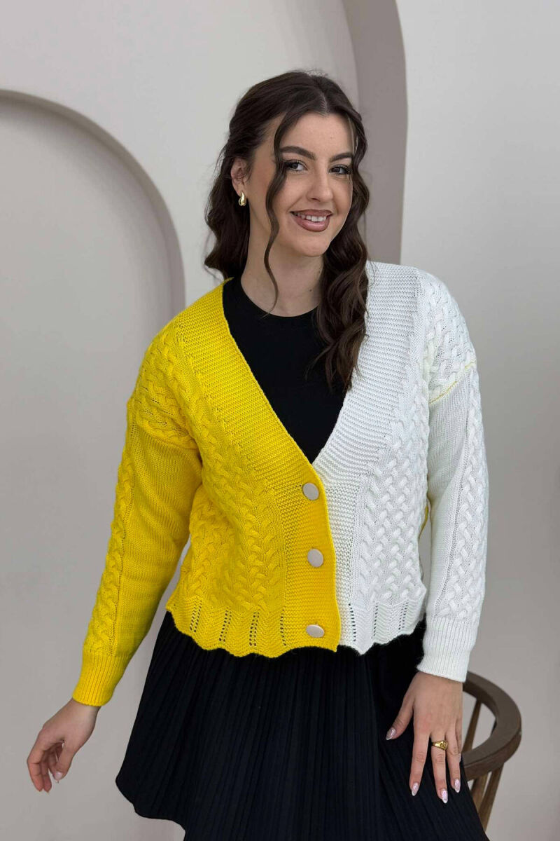 TWO COLORS SIMPLE WOMEN CARDIGAN WHITE-YELLOW/BAVE - 1