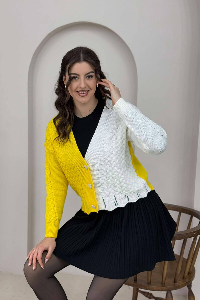 TWO COLORS SIMPLE WOMEN CARDIGAN WHITE-YELLOW/BAVE - 3
