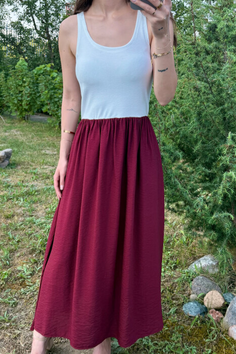 TWO COLORS THICK STRAPS LONG WOMEN DRESS WHITE-BURGUNDY/BAVI - 5