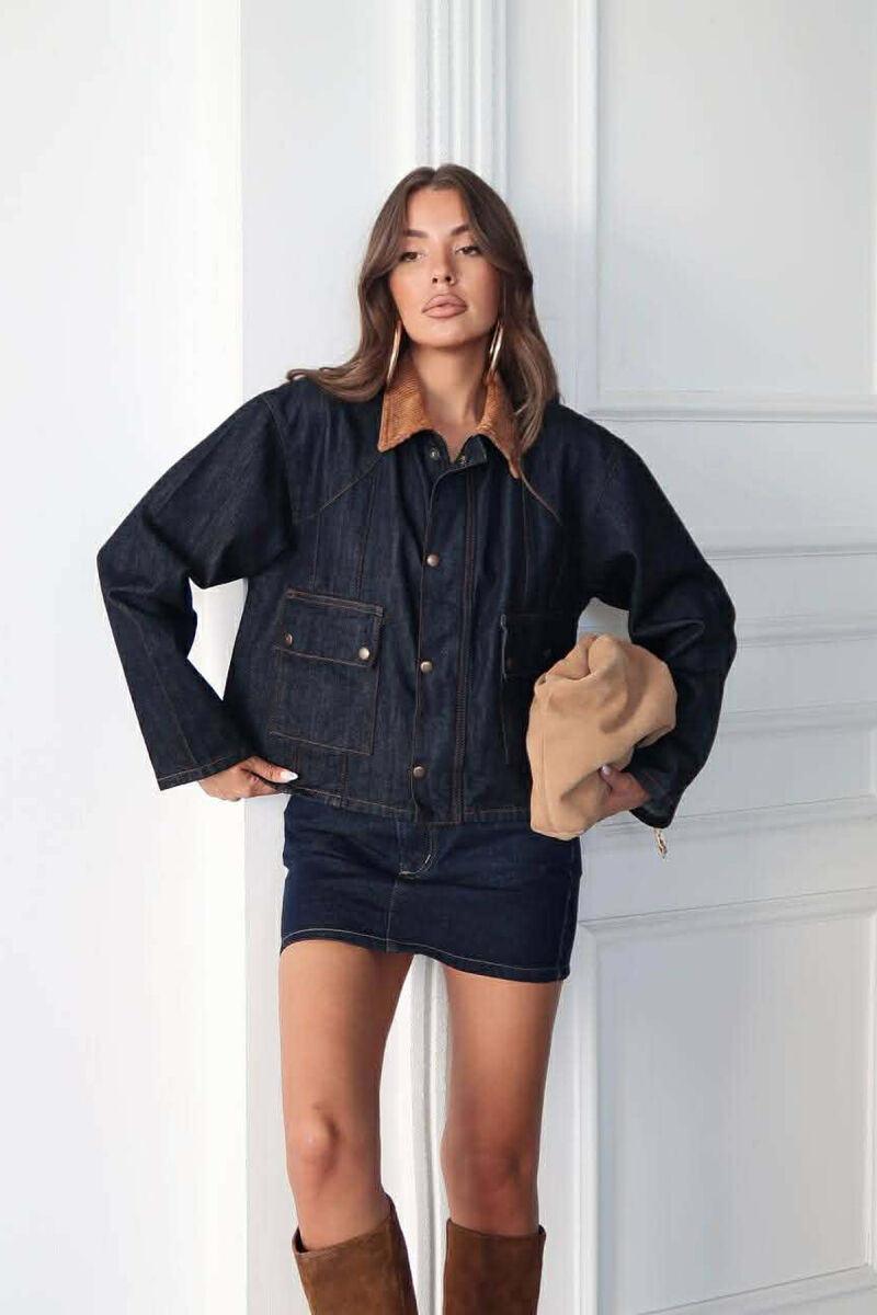 TWO FRONT POCKETS BUTTONED DENIM WOMAN JACKET DARK BLUE/BEE - 6