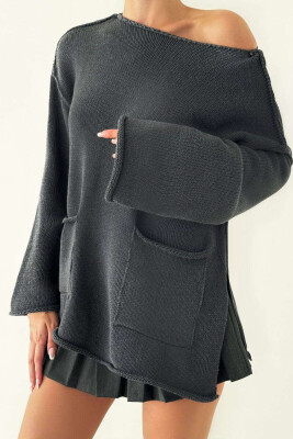 TWO FRONT POCKETS WOMEN SWEATER DARK GREY/GEE 