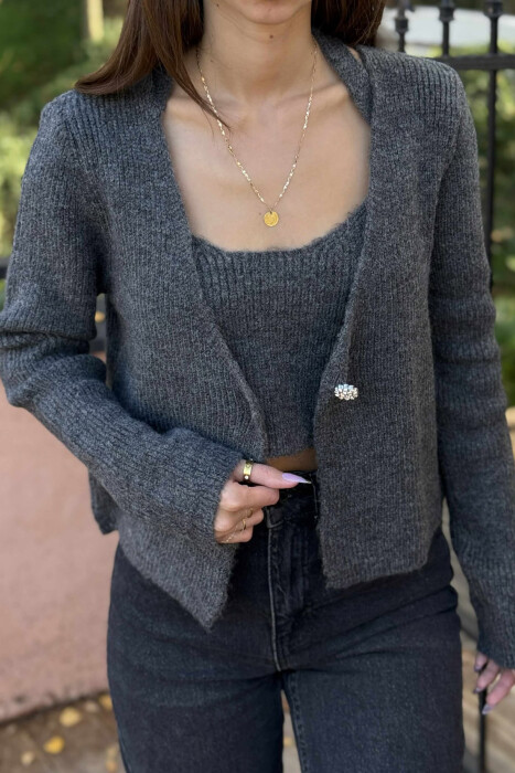 TWO IN ONE SIMPLE WOMEN CARDIGAN+TANK TOP DARK GREY/GEE - 3