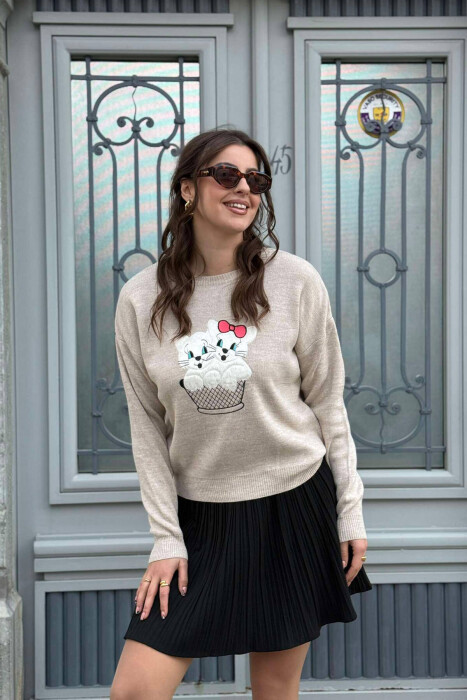 TWO KITTENS IMAGE WOMEN SWEATER BEIGE/BEZHE 