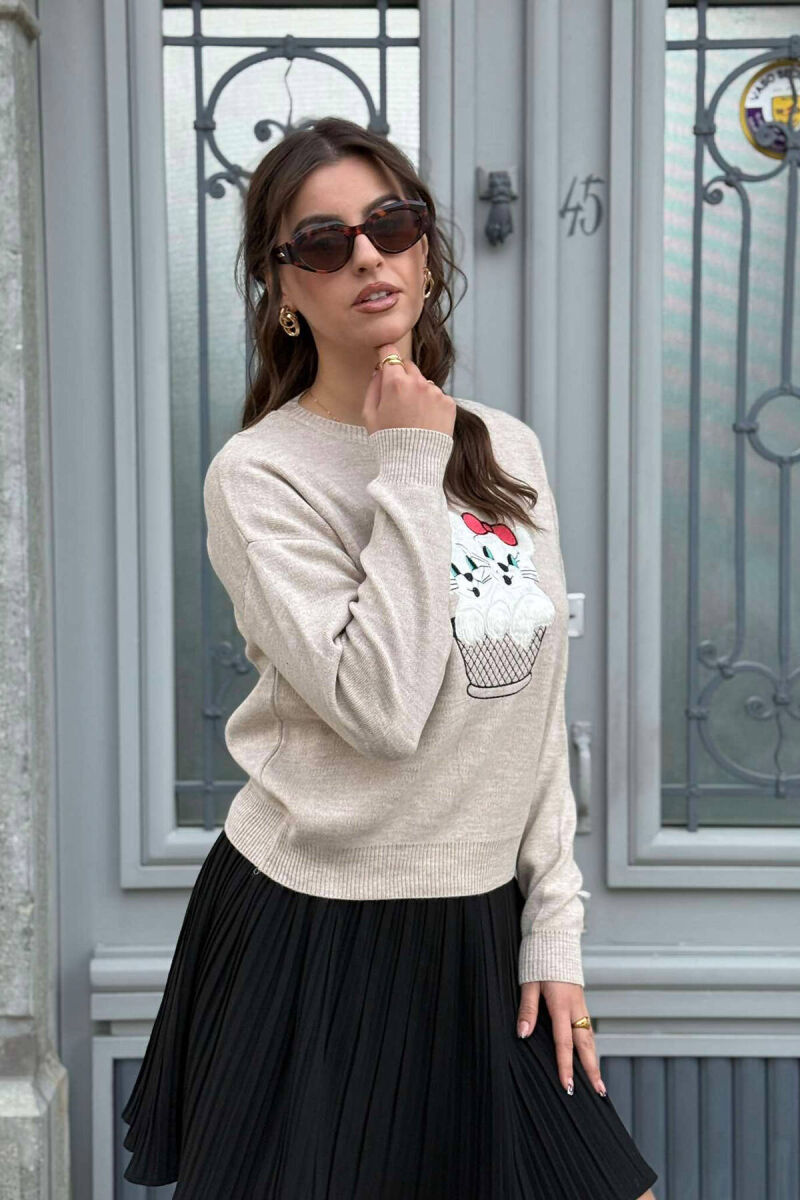 TWO KITTENS IMAGE WOMEN SWEATER BEIGE/BEZHE - 2