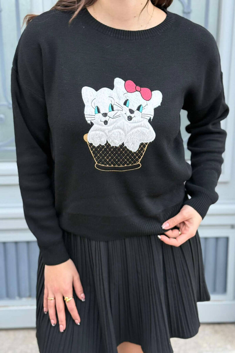 TWO KITTENS IMAGE WOMEN SWEATER BLACK/ E ZEZE - 1