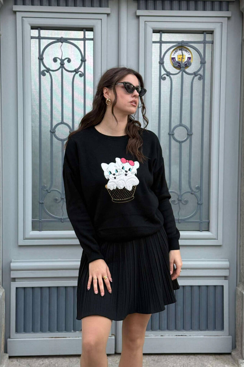 TWO KITTENS IMAGE WOMEN SWEATER BLACK/ E ZEZE - 2