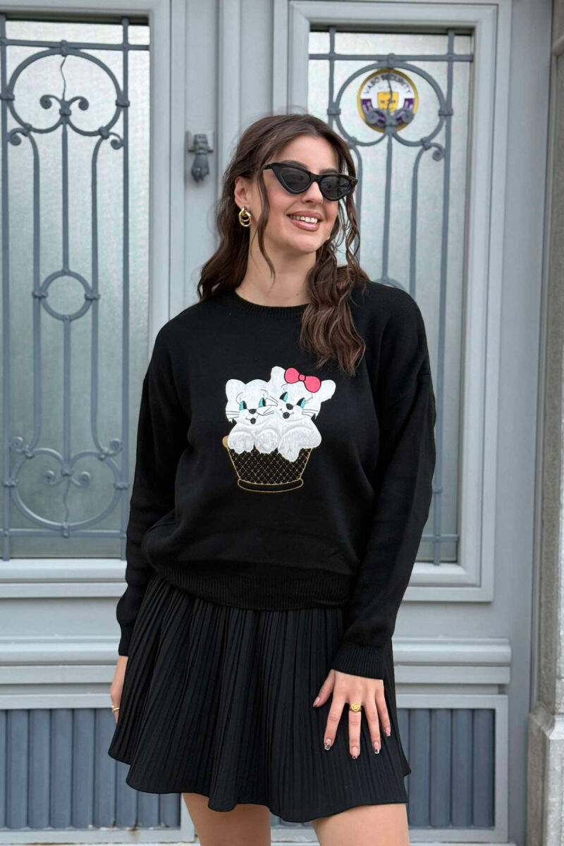TWO KITTENS IMAGE WOMEN SWEATER BLACK/ E ZEZE - 3