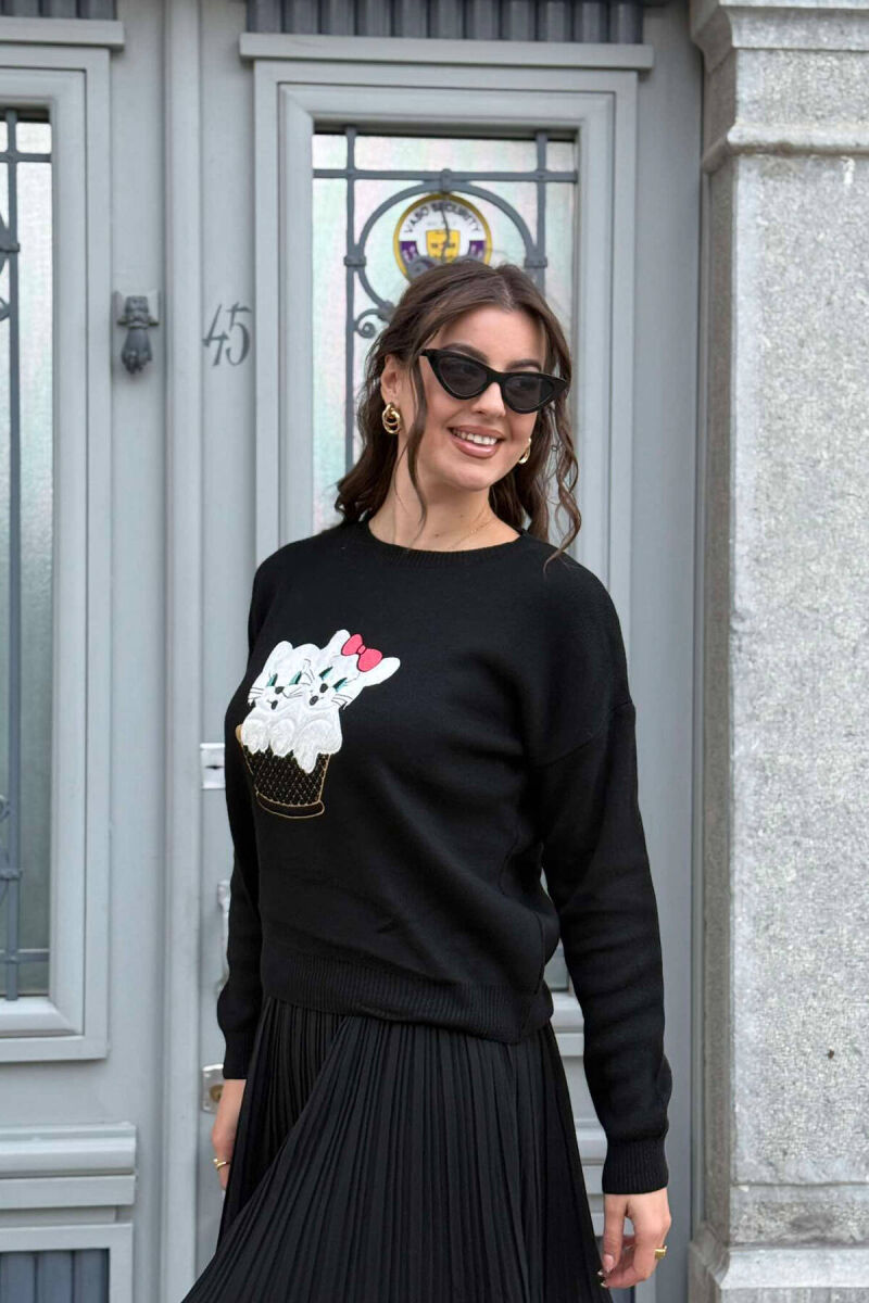 TWO KITTENS IMAGE WOMEN SWEATER BLACK/ E ZEZE - 4