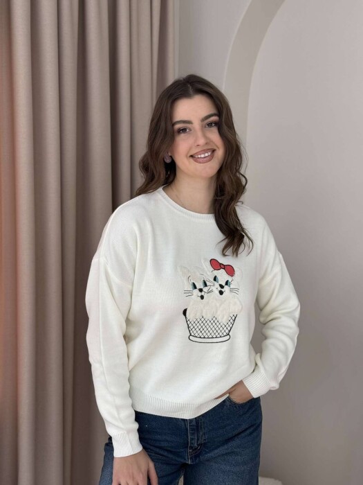 TWO KITTENS IMAGE WOMEN SWEATER CREAM/KREM 
