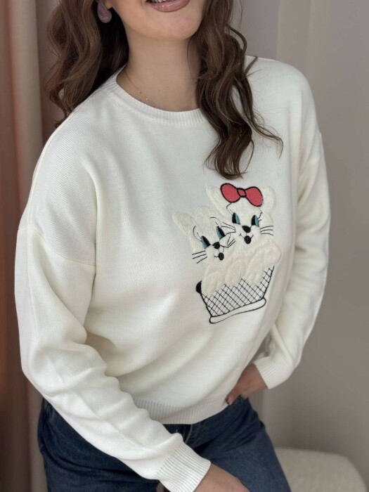 TWO KITTENS IMAGE WOMEN SWEATER CREAM/KREM - 3