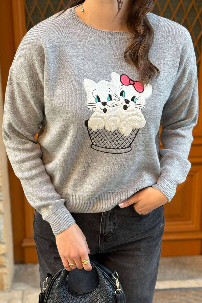 TWO KITTENS IMAGE WOMEN SWEATER GREY/GRI - 1