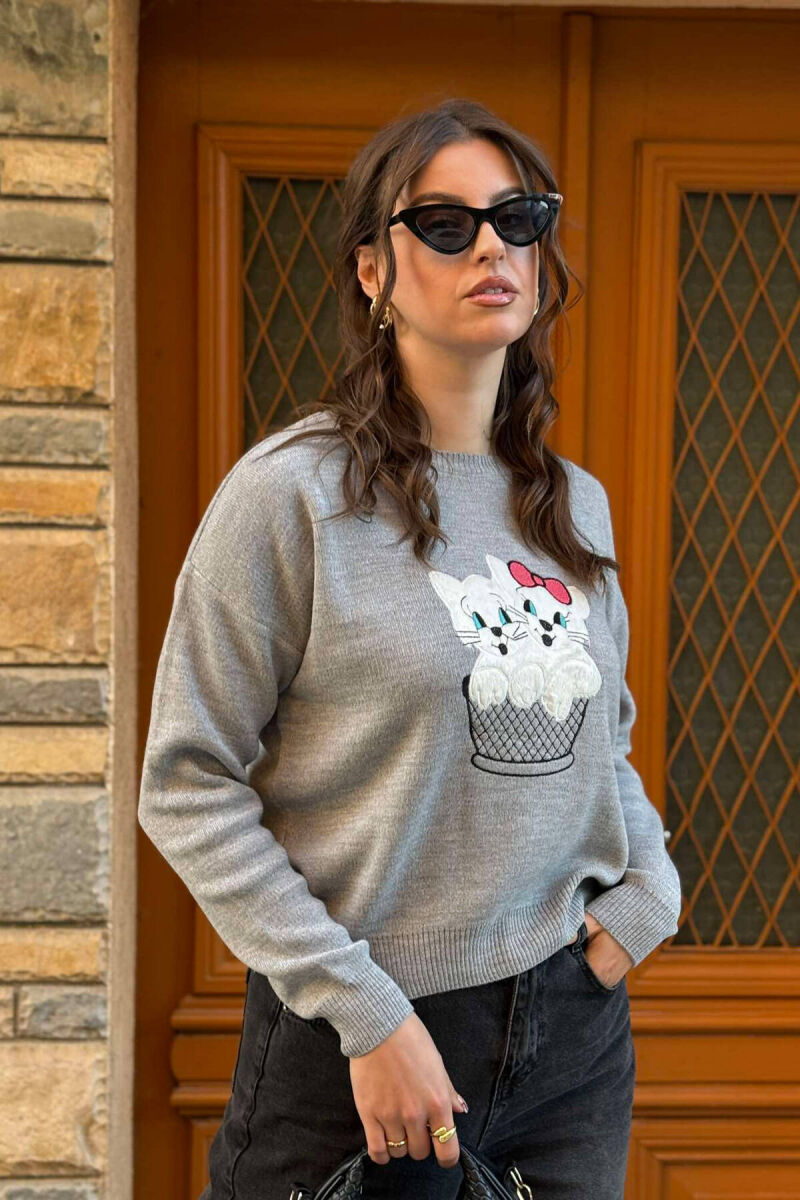 TWO KITTENS IMAGE WOMEN SWEATER GREY/GRI - 2