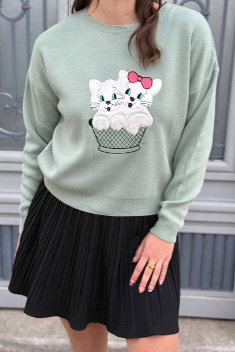 TWO KITTENS IMAGE WOMEN SWEATER MINT/MENTE 