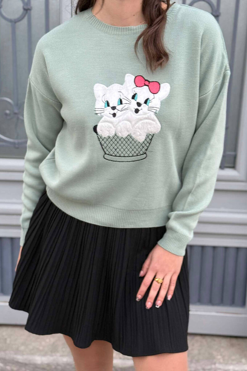 TWO KITTENS IMAGE WOMEN SWEATER MINT/MENTE - 1