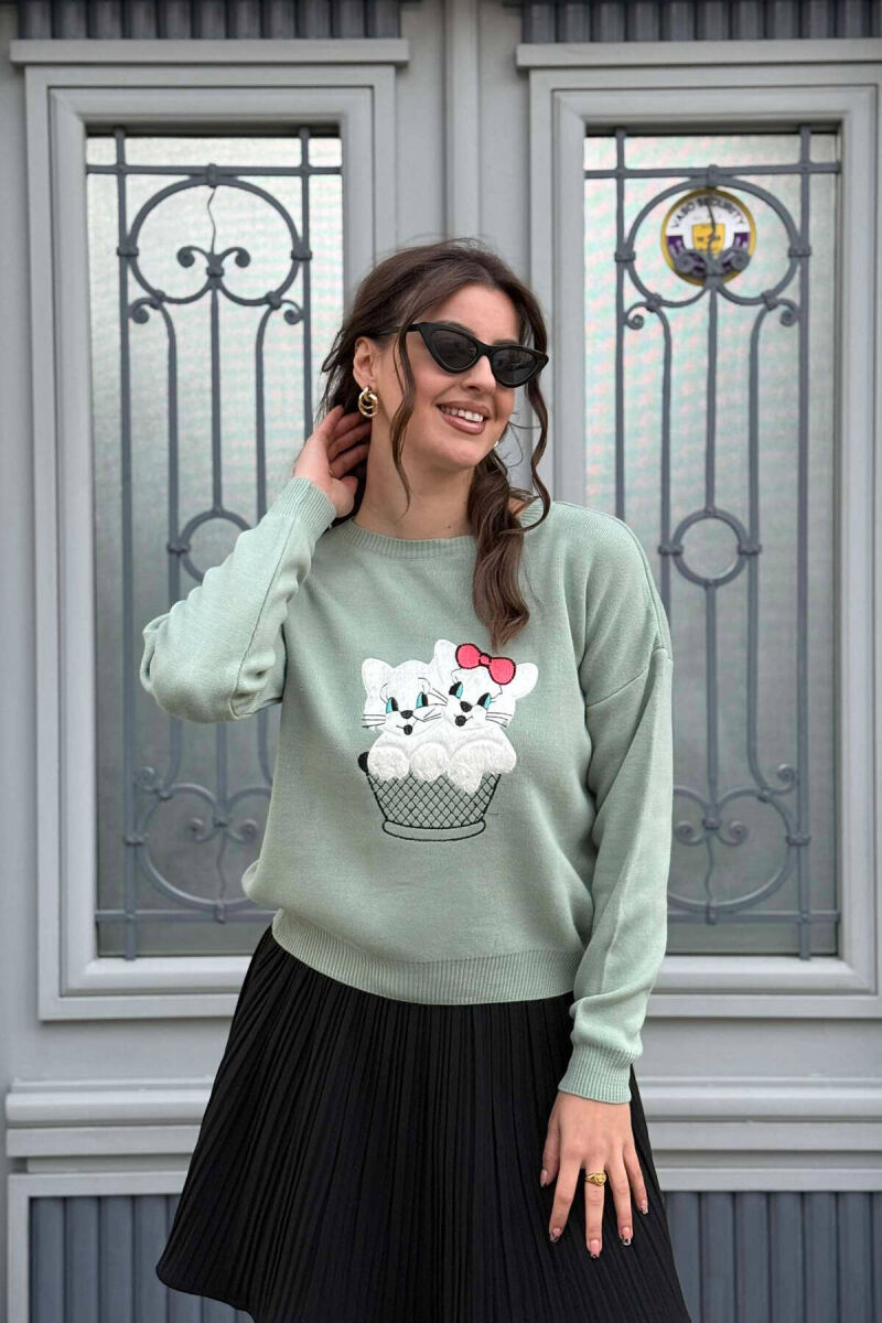 TWO KITTENS IMAGE WOMEN SWEATER MINT/MENTE - 3
