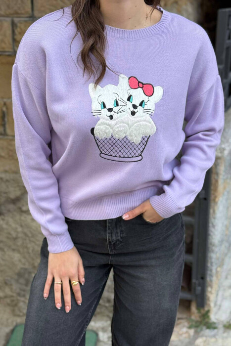 TWO KITTENS IMAGE WOMEN SWEATER PURPLE/LEJLA 