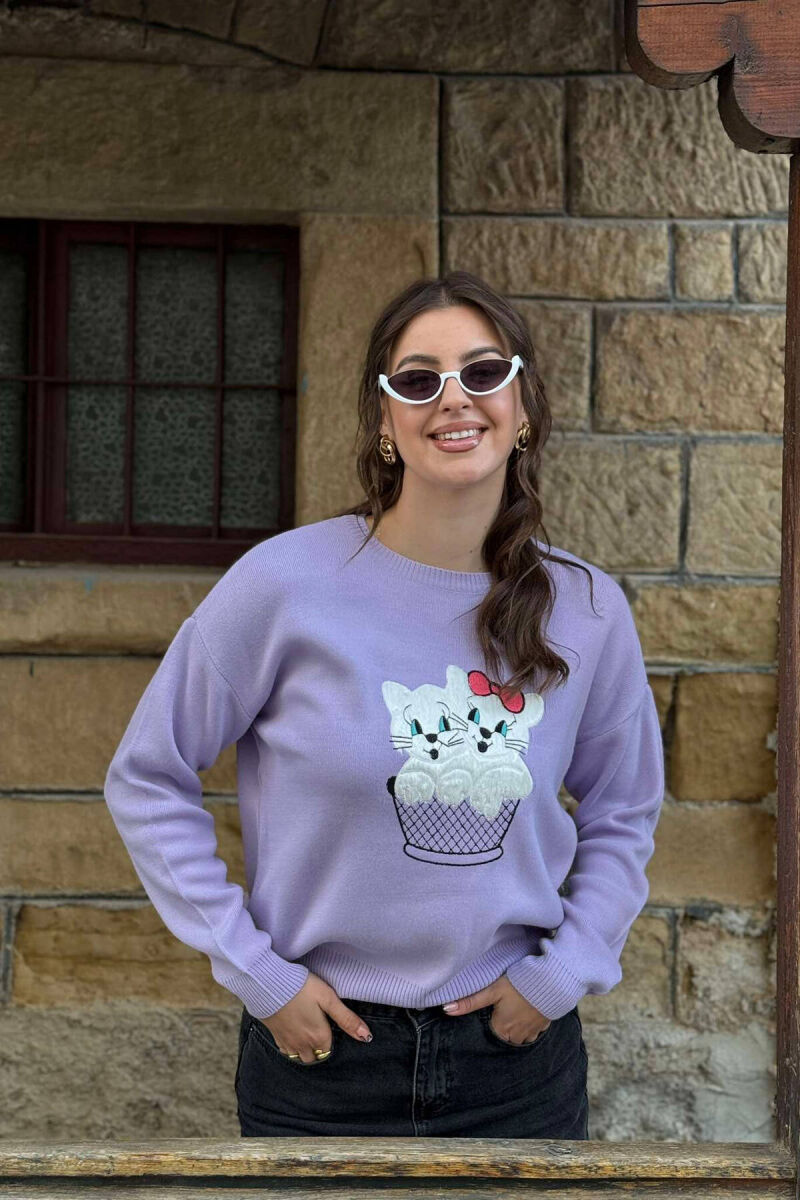 TWO KITTENS IMAGE WOMEN SWEATER PURPLE/LEJLA - 3